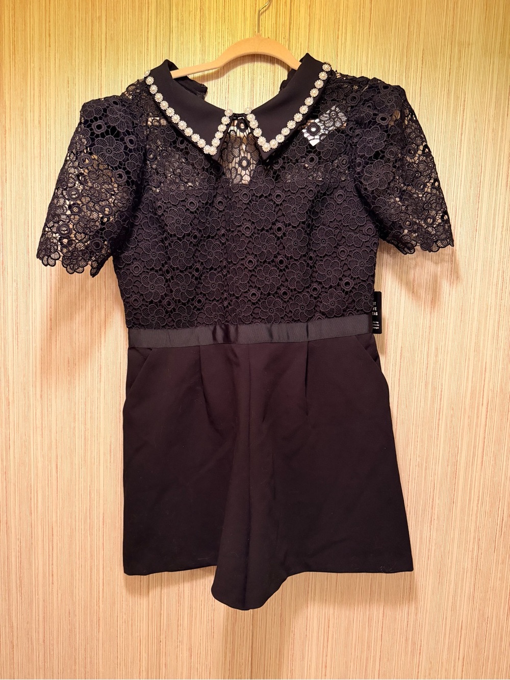 Express Black Lace Romper with Bedazzled-Trim Collar